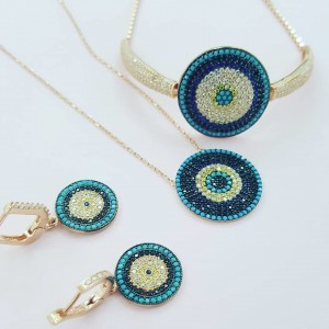 Büyük Nazar Boncuk Zirkon Taşlı Gümüş Set