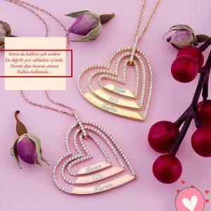 Üçlü Kalp Model Gümüş Kolye