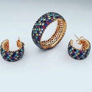 Mix Taşlı Beş Sıra Tamtur Yüzük ve Küpe